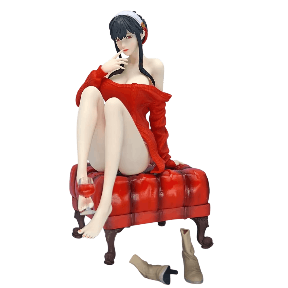 Figurine Spy x Family Yor 20 cm de face : pull rouge tombé sur une épaule, verre de vin posé sur le pouf et bottines beiges posées à côté