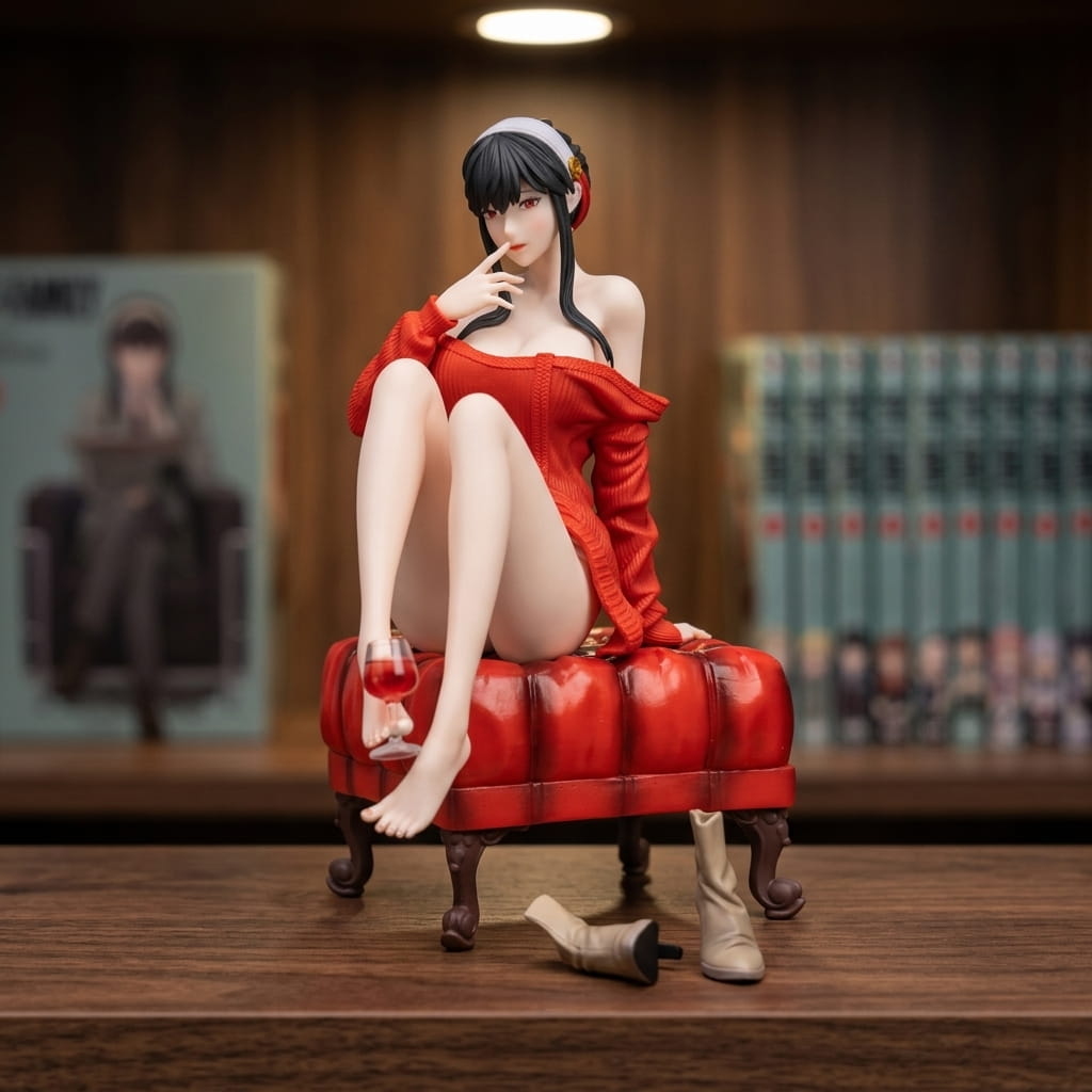 Spy x Family Yor Forger figure 20 cm seated on a tufted red ottoman, large knit sweater and white headband, on a shelf (decor not included)