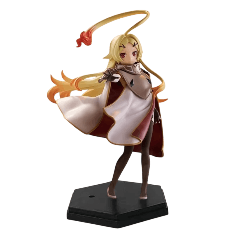Teoritta figure 19 cm from the front: red eyes, grey armour at the shoulder, pale dress and brown tights