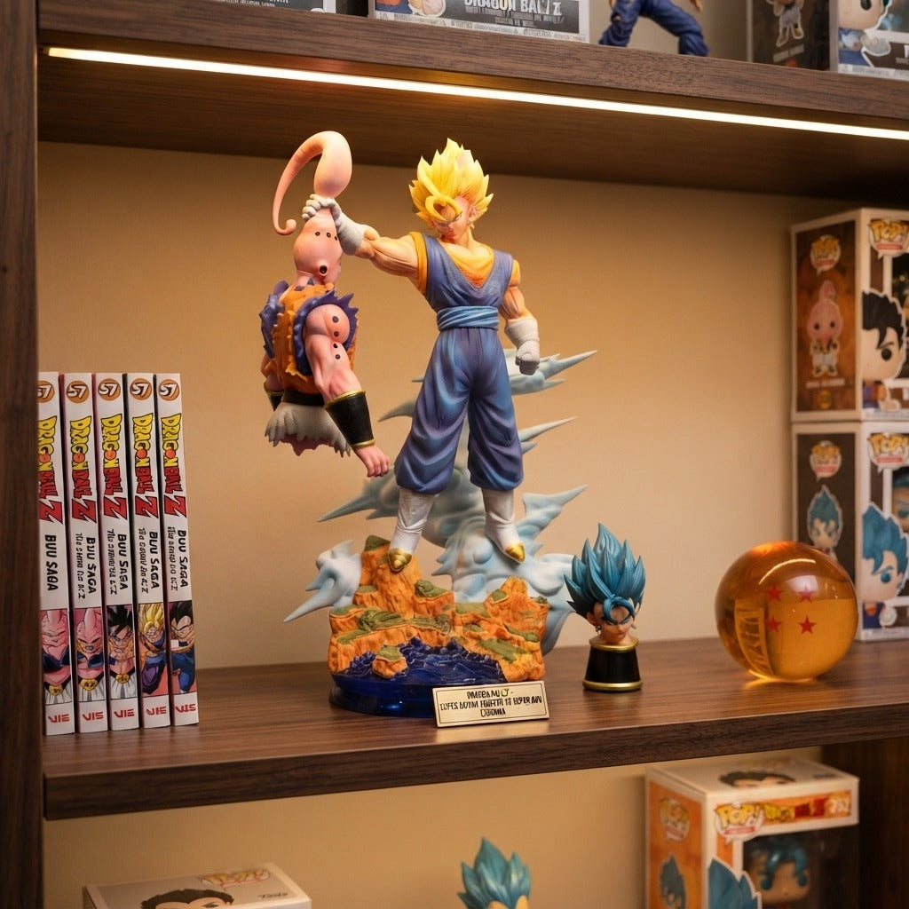 Diorama Vegetto vs Super Buu exposé sur une étagère Dragon Ball, tête Super Saiyan Blue alternative