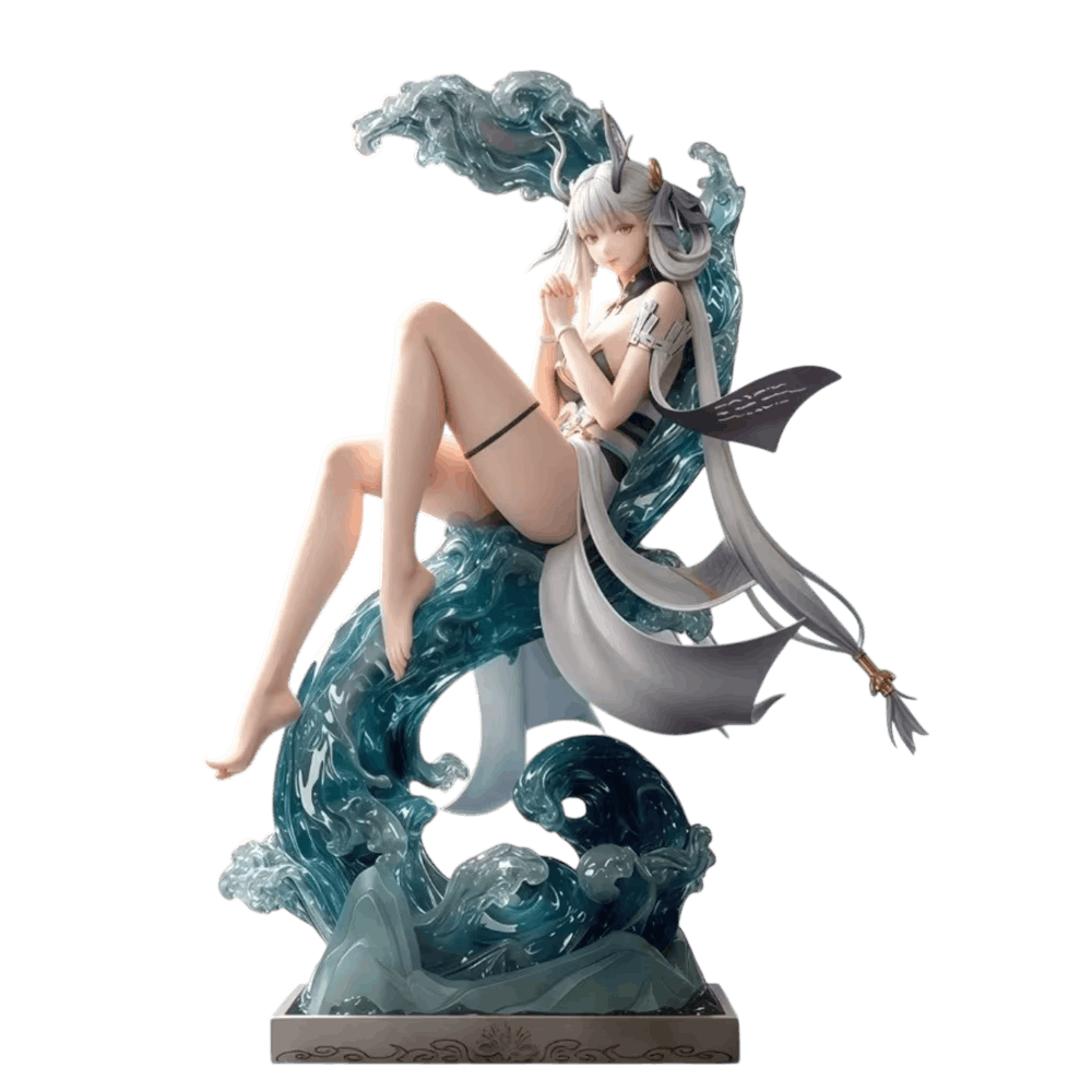 Figurine Jinhsi Wuthering Waves 33 cm de face : cheveux argentés, mains jointes, tenue blanche et socle argenté gravé