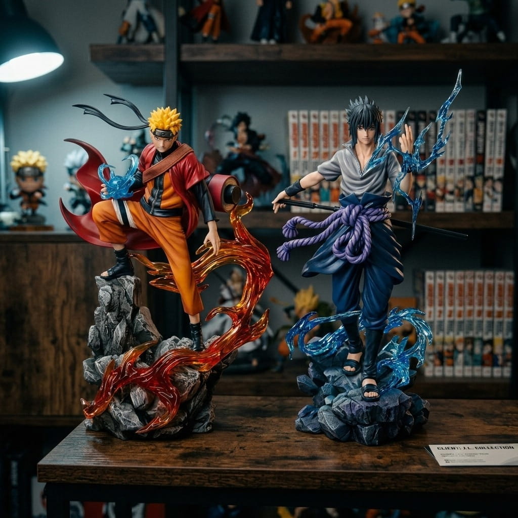 Figurines Naruto et Sasuke Uchiha présentation collection