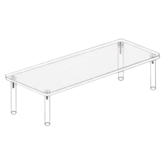 Gradin simple en acrylique transparent à un niveau, quatre pieds cylindriques, vu de trois quarts sur fond neutre