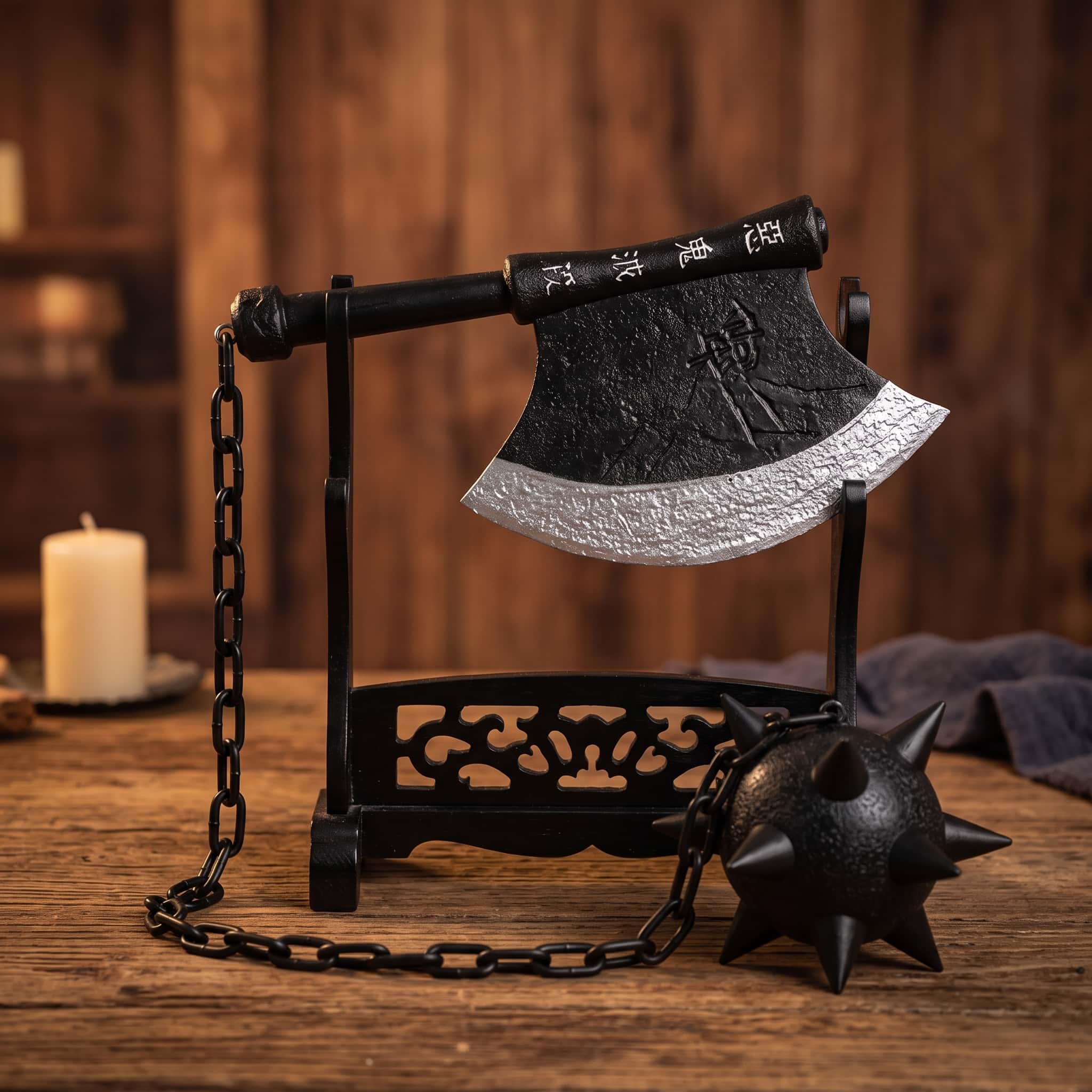 Réplique de la hache et du fléau de Gyomei Himejima de Demon Slayer, tête de hache noire à tranchant argenté gravée de kanji et boule à pointes reliée par une chaîne, sur un présentoir noir