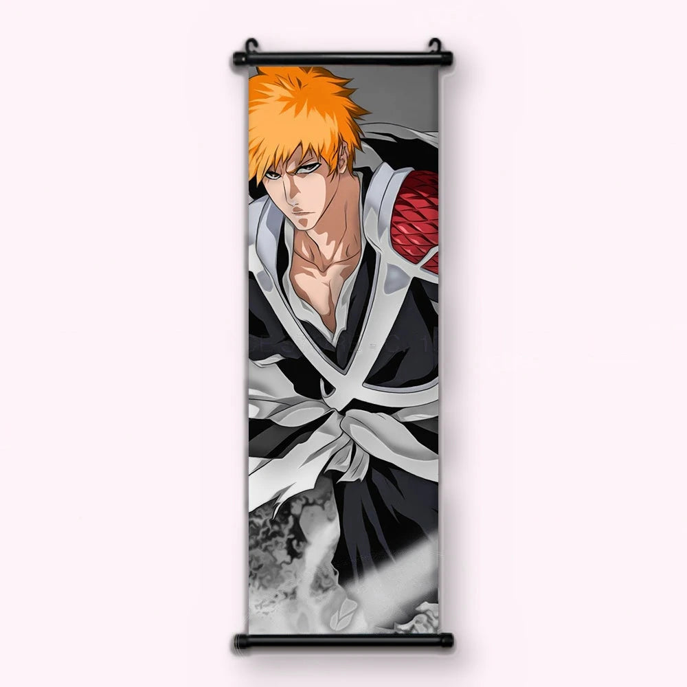 buste de face en kimono blanc et noir, épaule droite tressée de rouge, kakémono vu de face