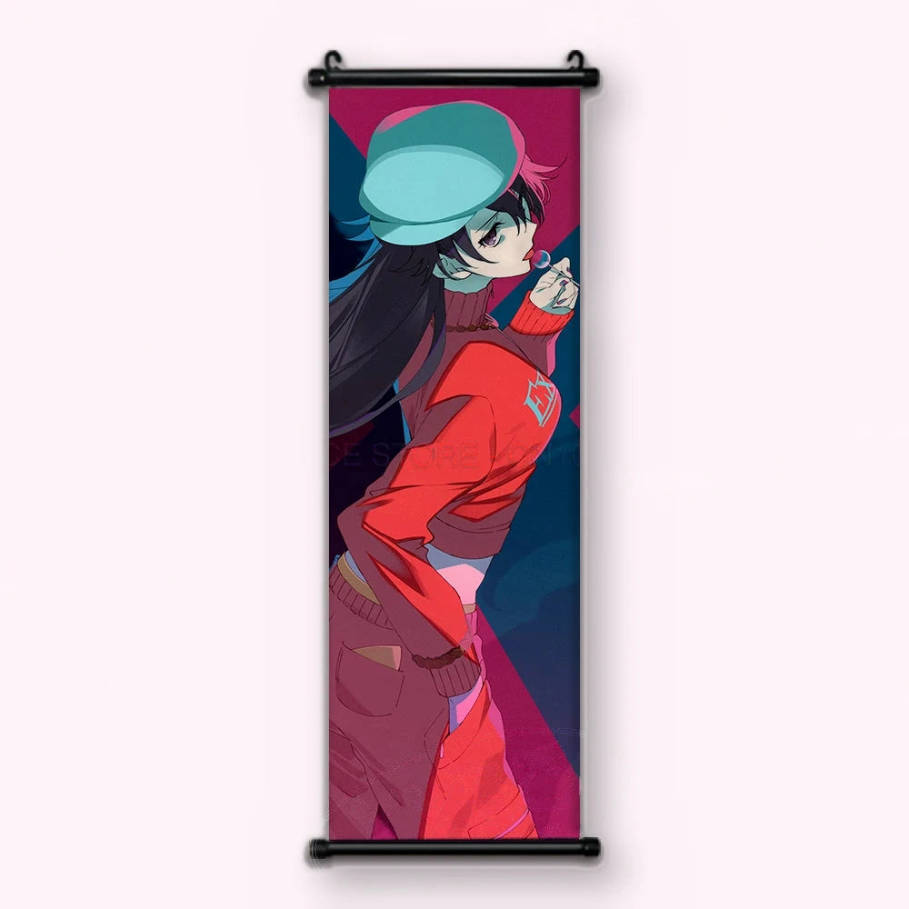 jeune femme de profil avec casquette turquoise, blouson rouge et sucette, sur fond magenta, kakémono vu de face