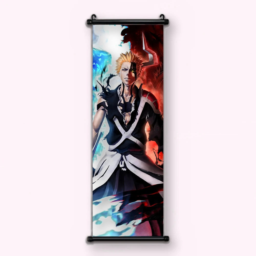 Ichigo avec un demi-masque blanc sur l'œil droit, fond bleu et rouge, kakémono vu de face