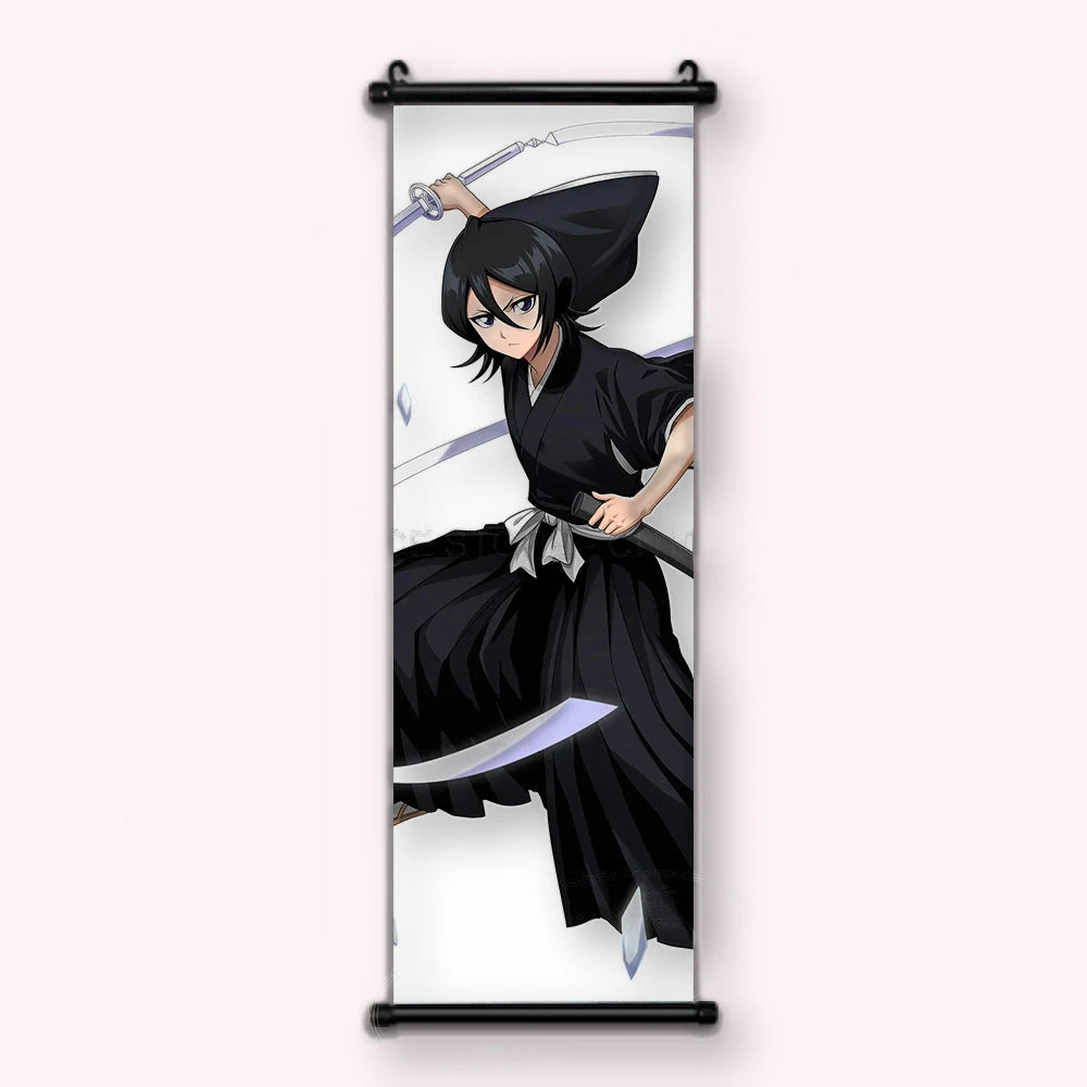 femme en kimono noir dégainant un katana blanc au-dessus de la tête, éclats de glace, kakémono vu de face