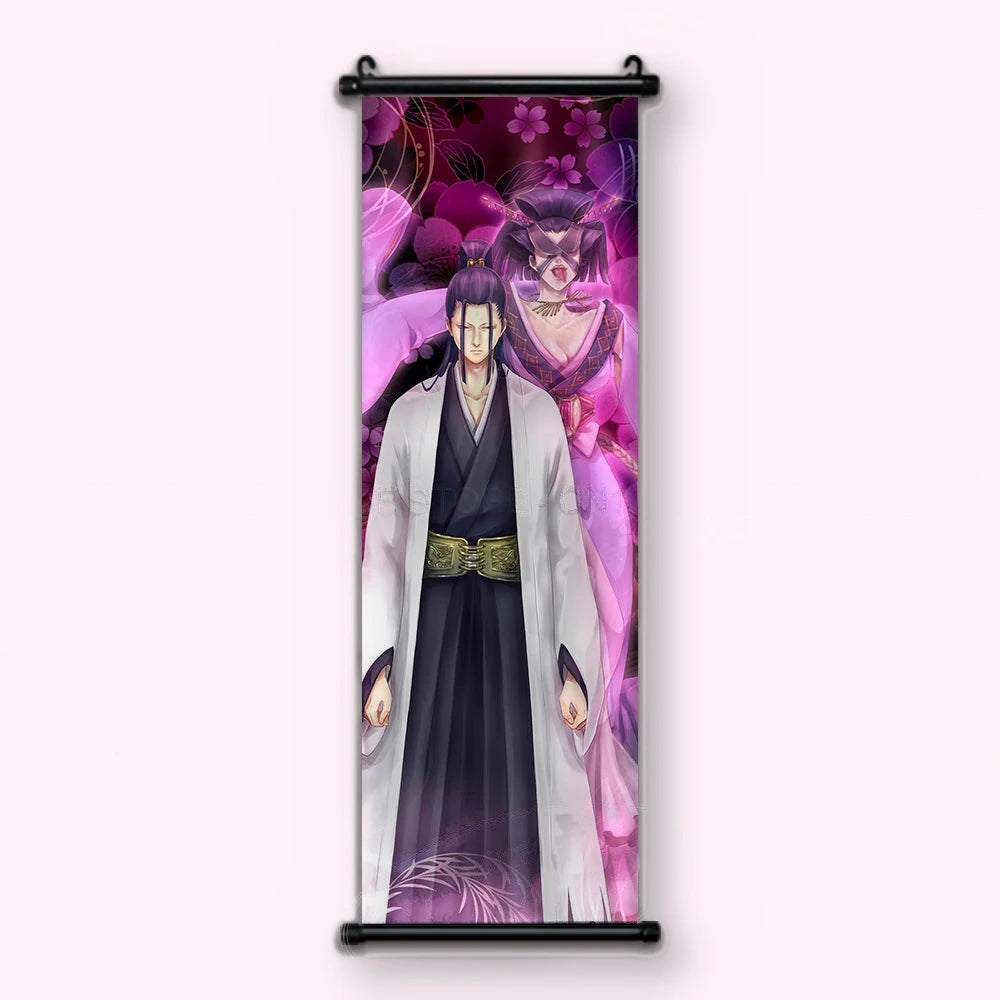 homme aux longs cheveux violets en haori blanc, figure masquée en kimono derrière, fleurs roses, kakémono vu de face