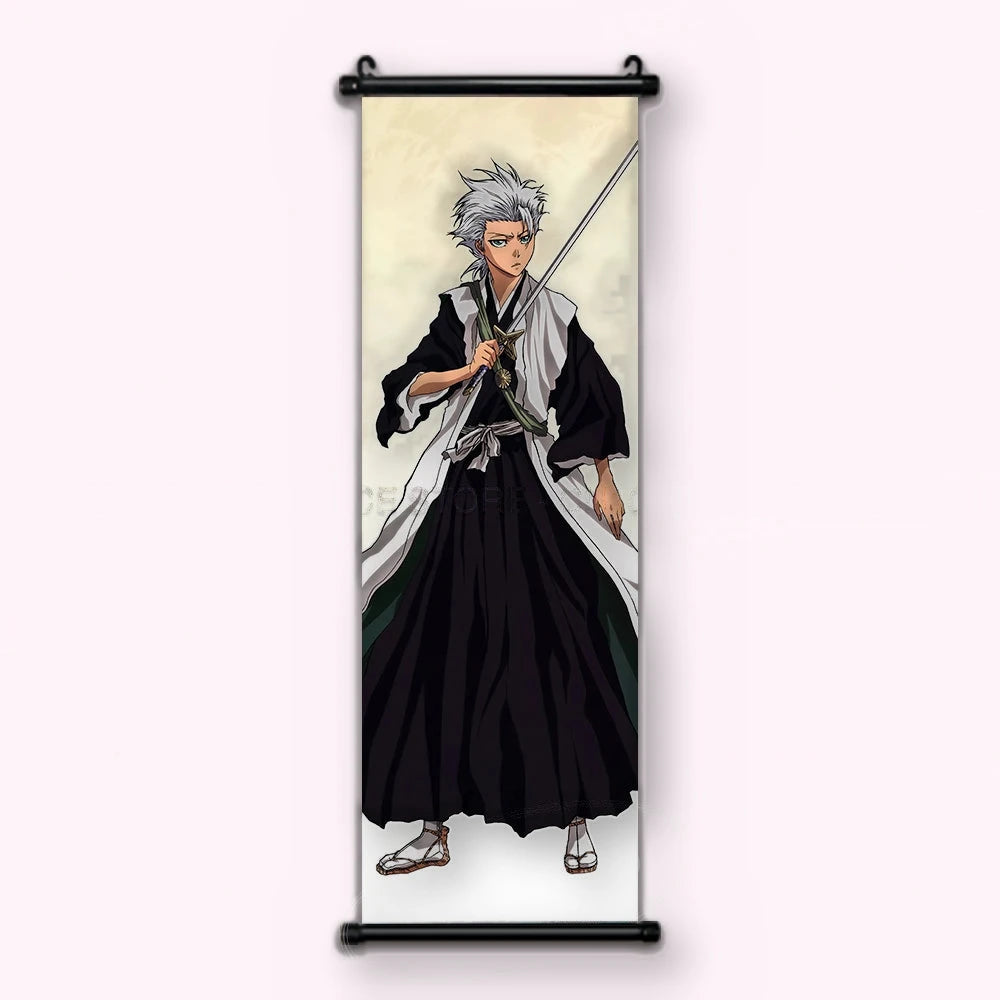 personnage aux cheveux blancs, haori blanc sur kimono noir, longue lame tenue en diagonale, kakémono vu de face