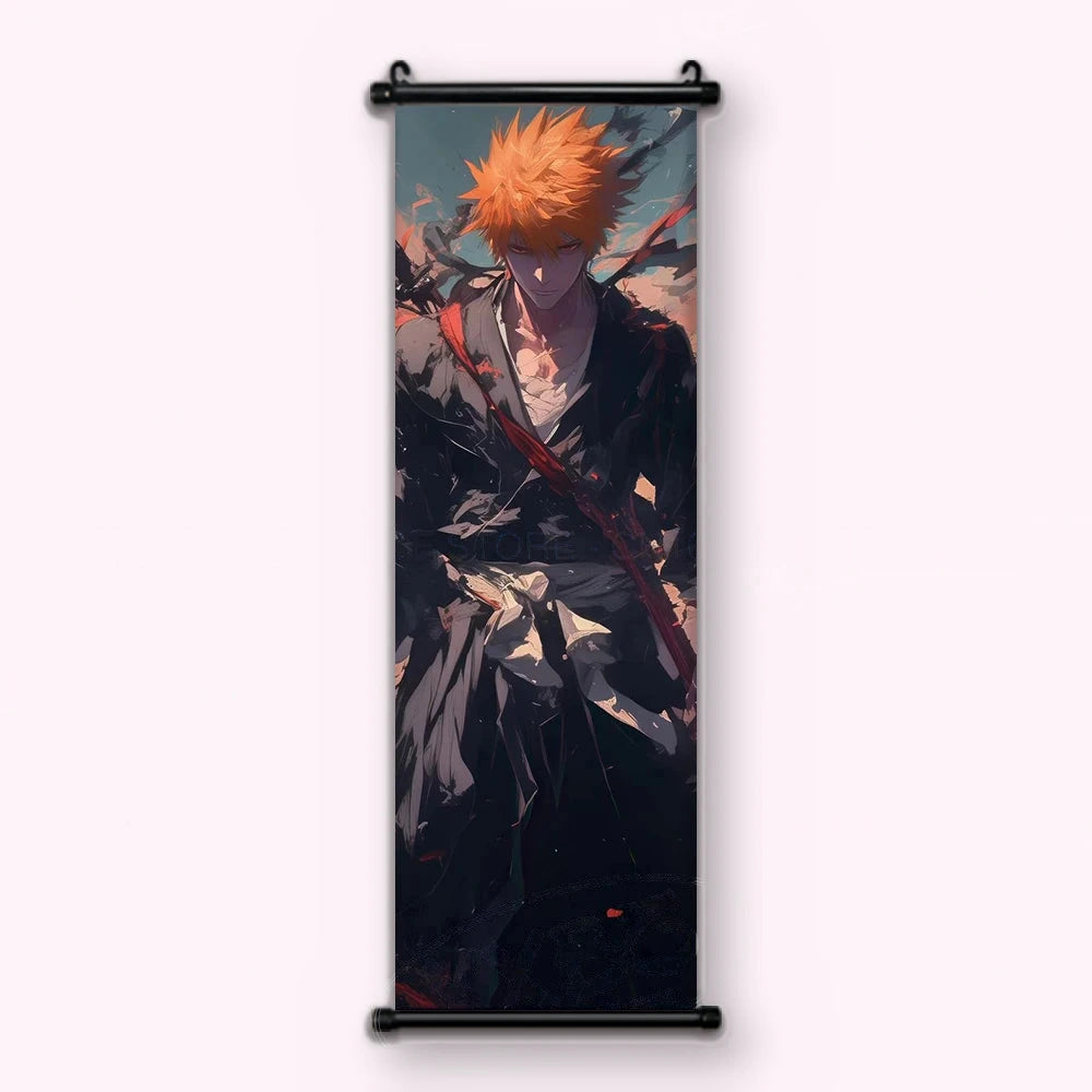 Ichigo debout en kimono noir déchiré, longue lame rouge en travers, ciel turquoise et rose, kakémono vu de face