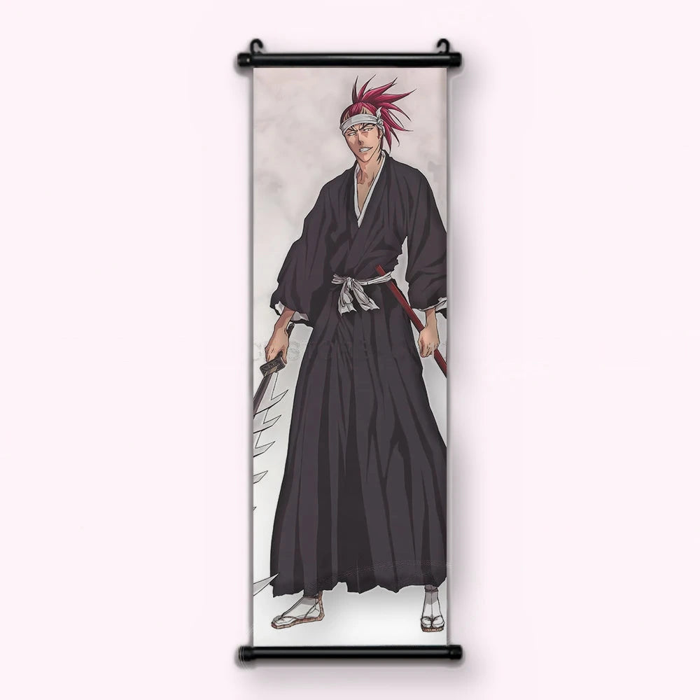 homme aux cheveux rouges en queue haute, bandeau blanc, kimono noir, sabre à manche rouge, kakémono vu de face