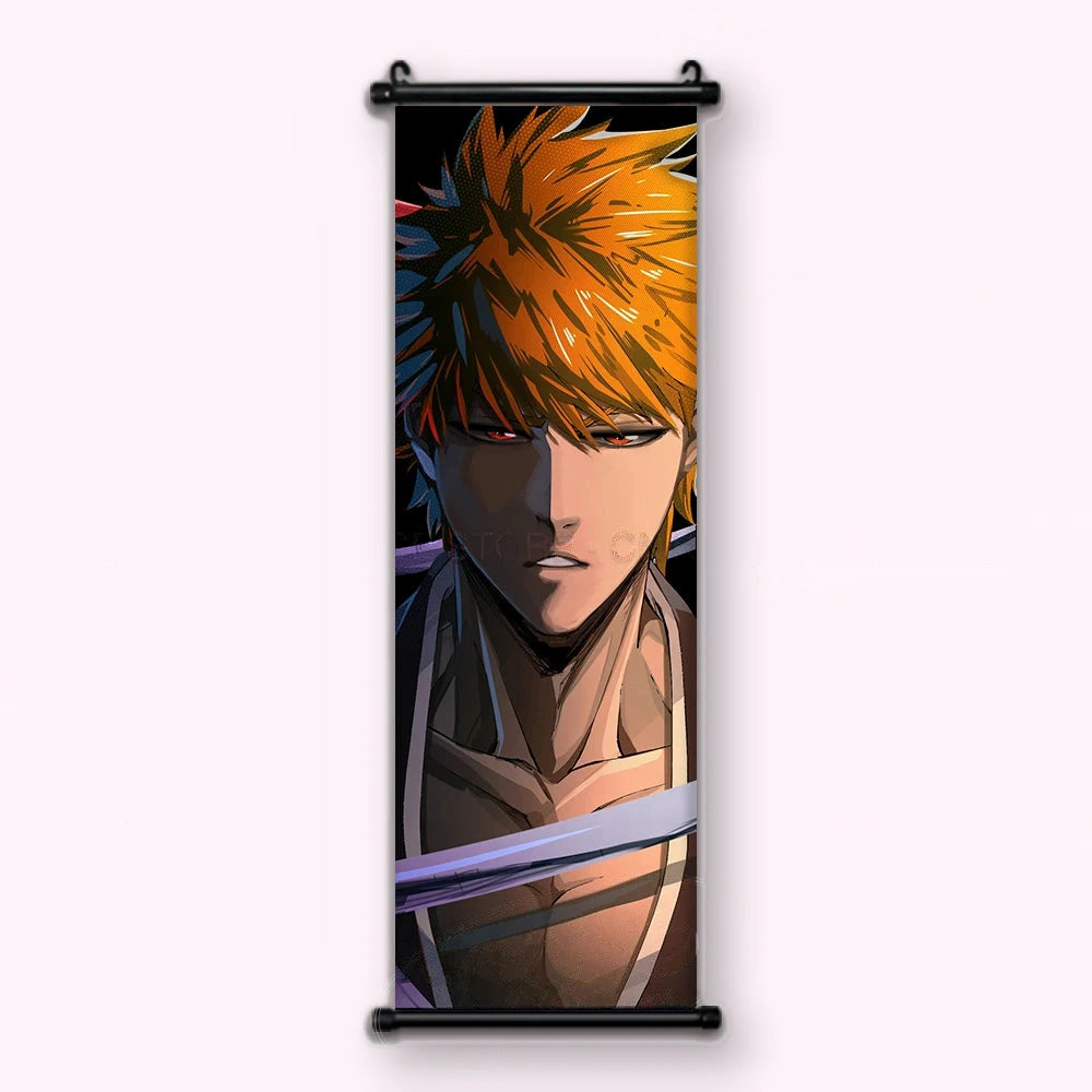gros plan d'Ichigo aux cheveux orange et yeux rouges sur fond noir, kakémono vu de face