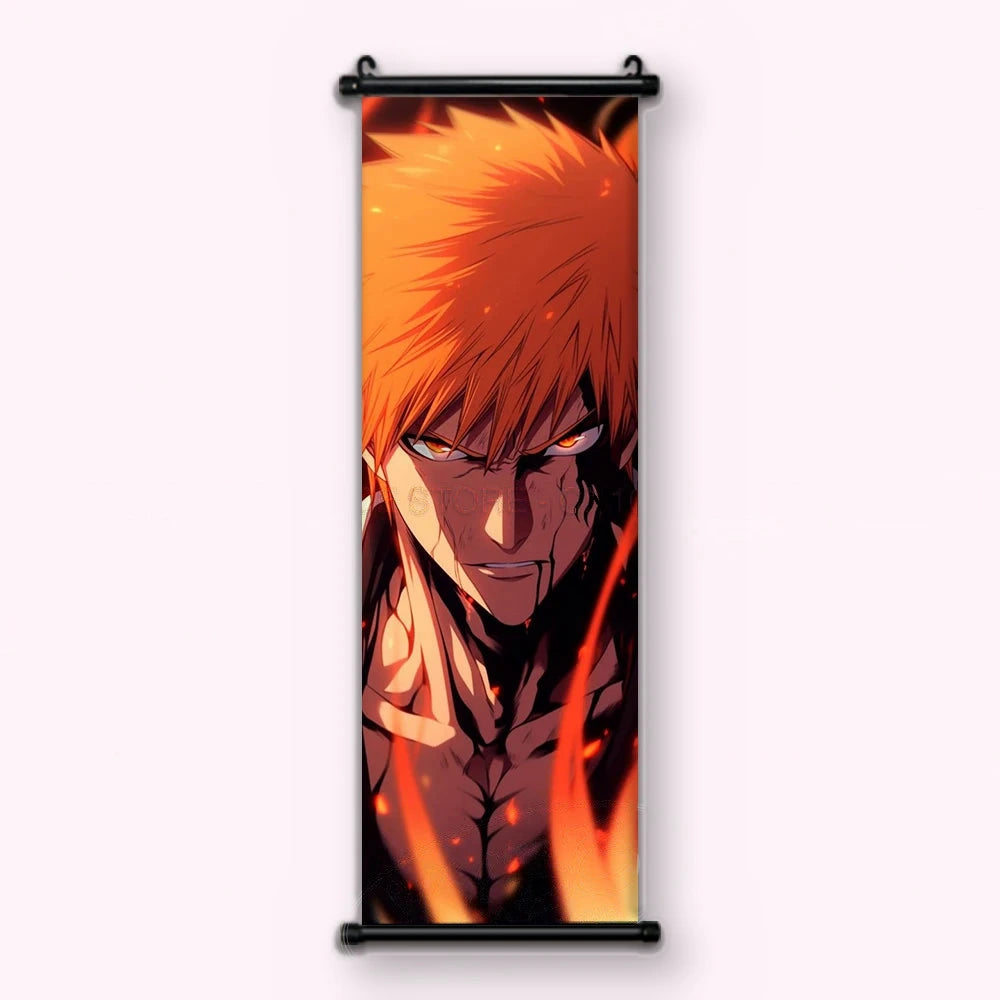 gros plan du visage d'Ichigo, yeux rouges, entouré de flammes orange et rouges, kakémono vu de face