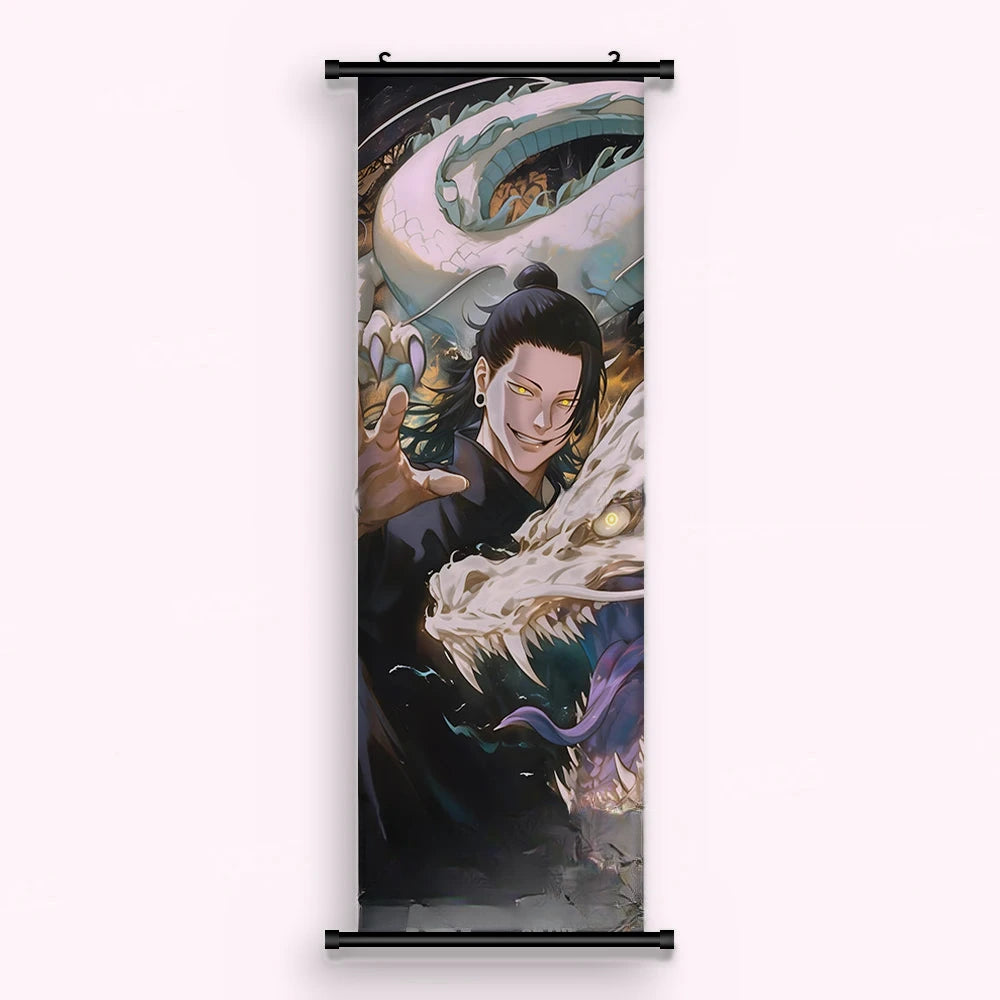 Kakémono Jujutsu Kaisen Suguru Geto accompagné d'un long dragon blanc, vu de face : toile imprimée tendue entre ses deux baguettes de bois, cordon de suspension fourni