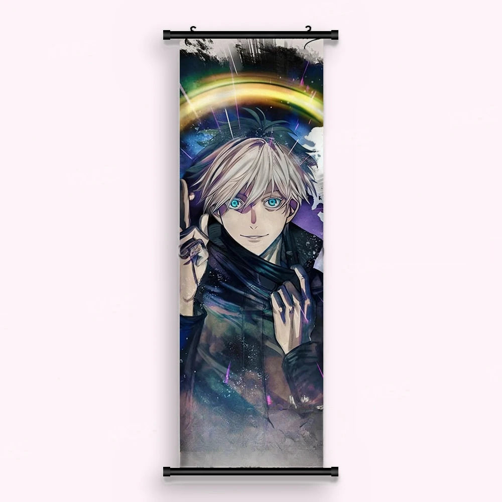 Kakémono Jujutsu Kaisen Satoru Gojo devant un arc-en-ciel, main levée, vu de face : toile imprimée tendue entre ses deux baguettes de bois, cordon de suspension fourni