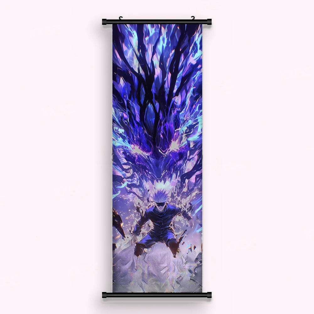 Kakémono Jujutsu Kaisen Megumi Fushiguro devant une immense ombre violette, vu de face : toile imprimée tendue entre ses deux baguettes de bois, cordon de suspension fourni