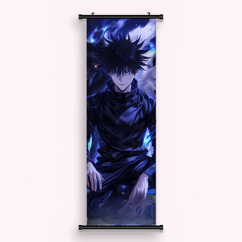 Kakémono Jujutsu Kaisen Megumi Fushiguro assis, l'ombre d'un loup derrière lui, vu de face : toile imprimée tendue entre ses deux baguettes de bois, cordon de suspension fourni