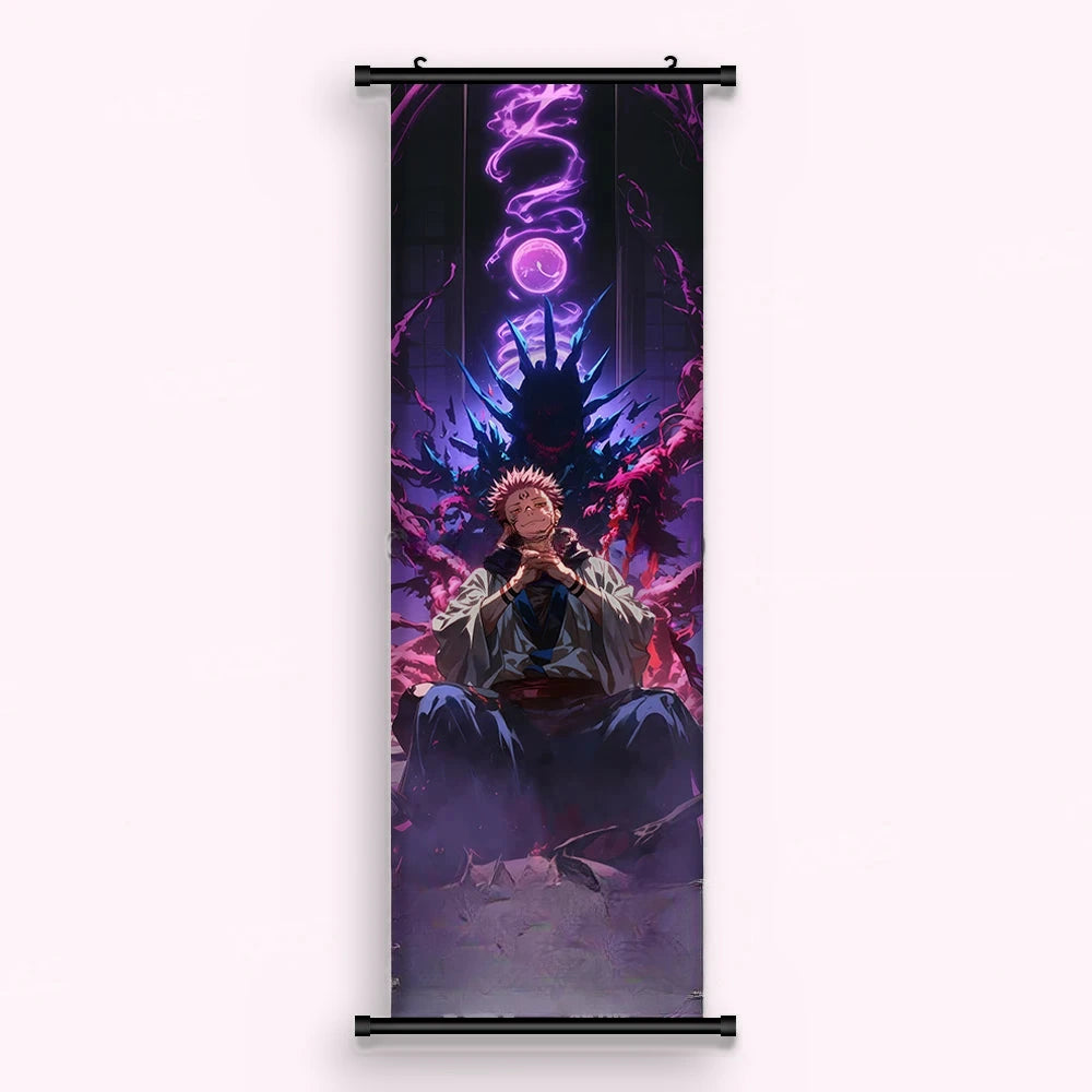 Kakémono Jujutsu Kaisen Sukuna assis sur un trône d'épines roses et violettes, vu de face : toile imprimée tendue entre ses deux baguettes de bois, cordon de suspension fourni