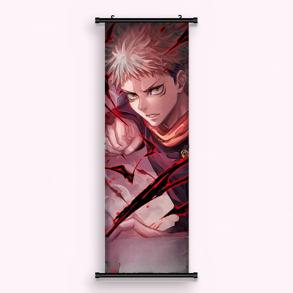 Kakémono Jujutsu Kaisen Yuji Itadori, le poing serré et le regard déterminé, vu de face : toile imprimée tendue entre ses deux baguettes de bois, cordon de suspension fourni