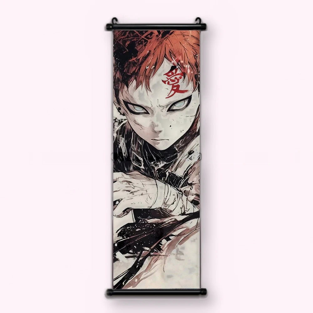 Kakémono Naruto, Gaara le kanji rouge au front, cheveux roux, vu de face : toile tendue entre ses deux baguettes de bois, cordon de suspension fourni