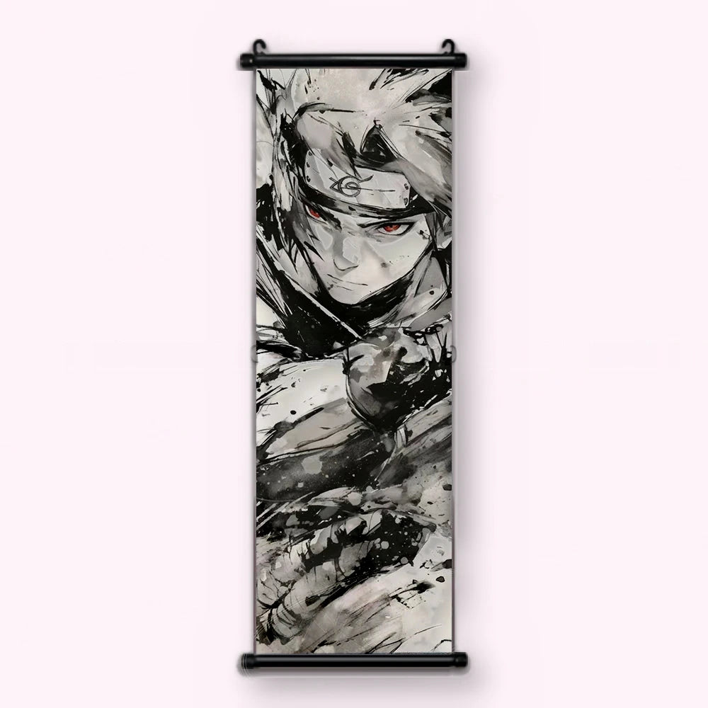 Kakémono Naruto, Kakashi le bandeau relevé, les deux yeux découverts, vu de face : toile tendue entre ses deux baguettes de bois, cordon de suspension fourni