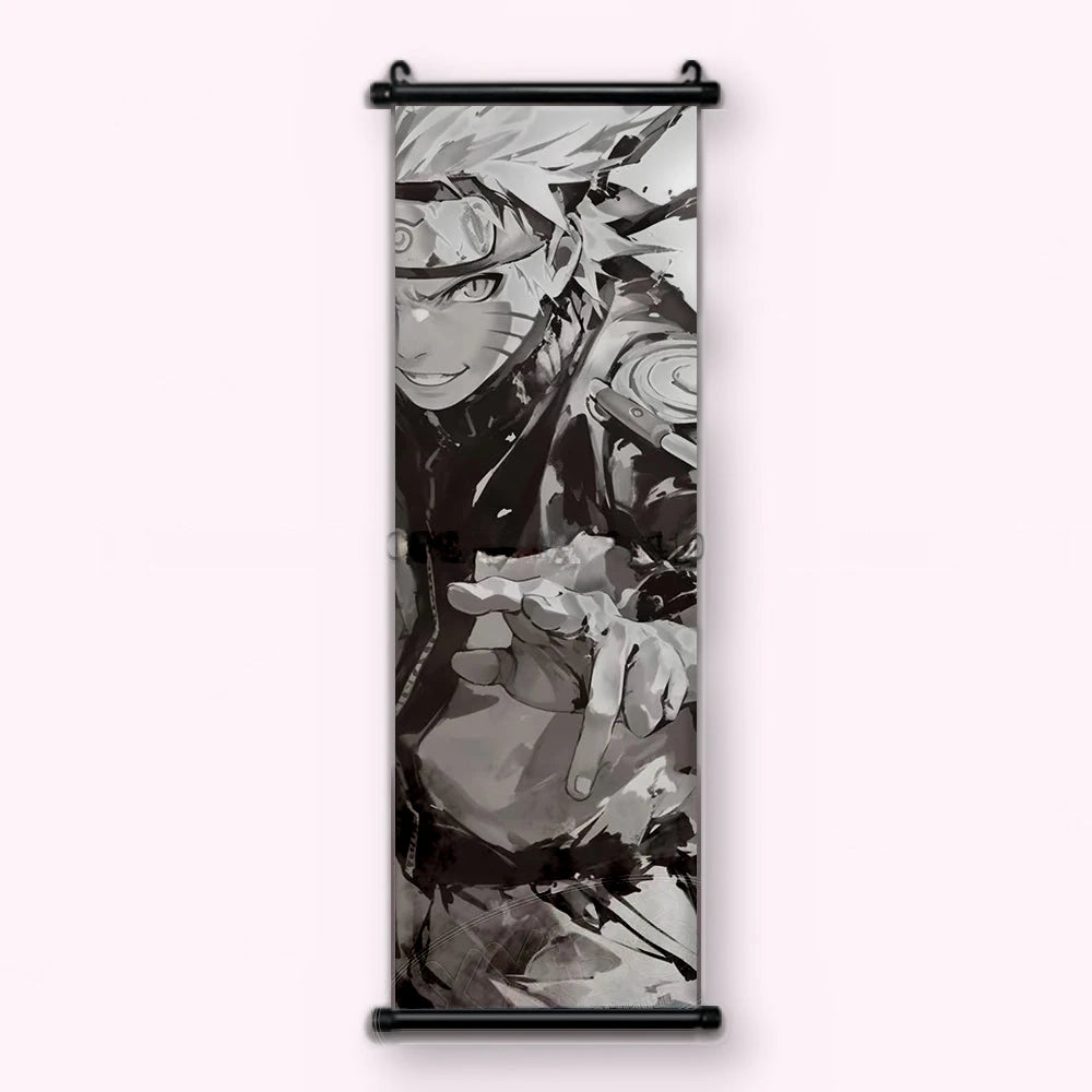 Kakémono Naruto, Kakashi formant un signe de main, index et majeur tendus, vu de face : toile tendue entre ses deux baguettes de bois, cordon de suspension fourni