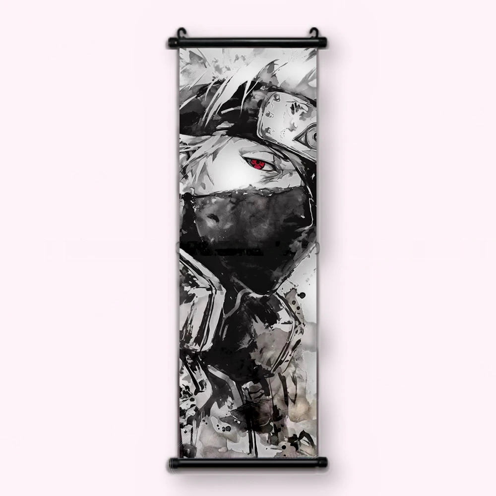 Kakémono Naruto, Kakashi en gros plan, le masque occupant tout le bas du cadre, vu de face : toile tendue entre ses deux baguettes de bois, cordon de suspension fourni