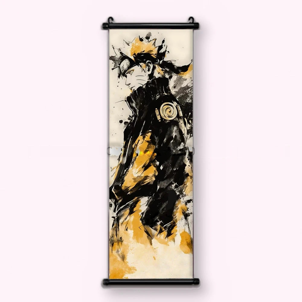 Kakémono Naruto, Naruto de profil, encre noire et or sur fond clair, vu de face : toile tendue entre ses deux baguettes de bois, cordon de suspension fourni