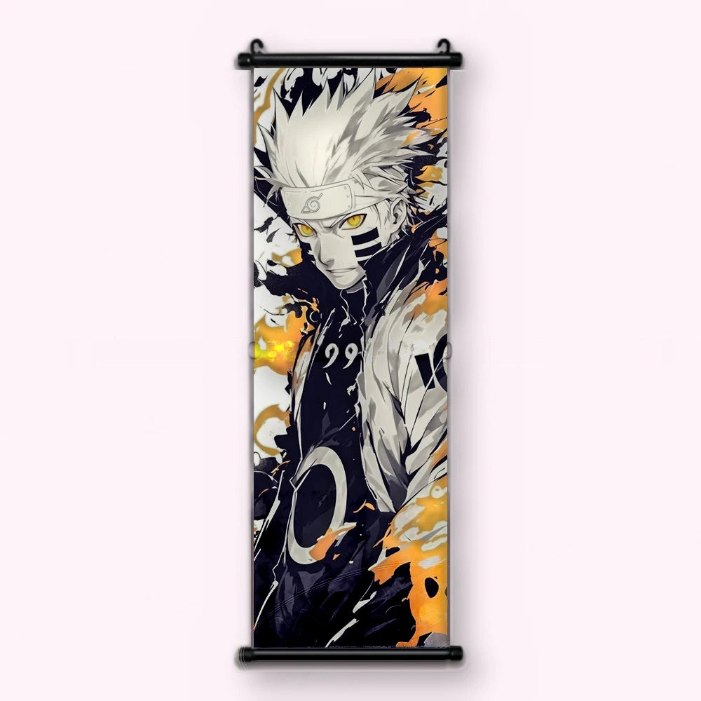 Kakémono Naruto, Naruto en manteau d'énergie orange, les yeux dorés, vu de face : toile tendue entre ses deux baguettes de bois, cordon de suspension fourni
