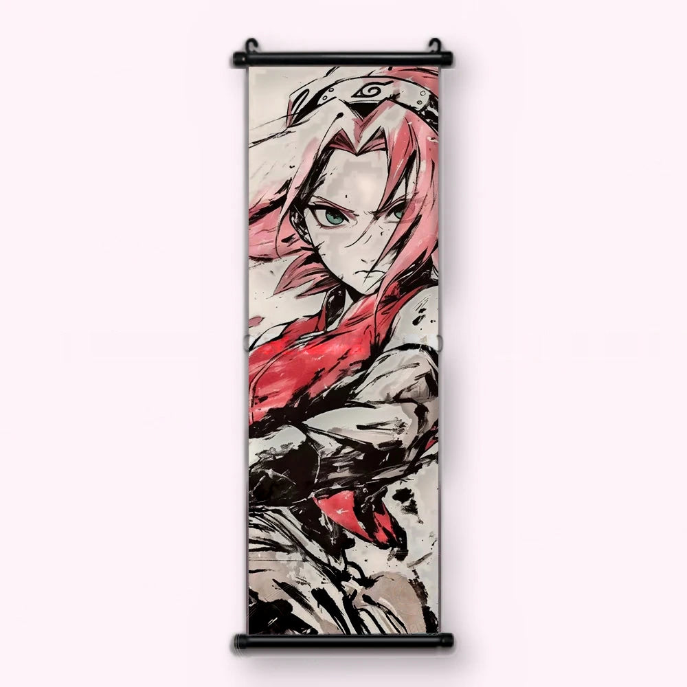 Kakémono Naruto, Sakura de face, cheveux roses traités au pinceau, tenue rouge, vu de face : toile tendue entre ses deux baguettes de bois, cordon de suspension fourni