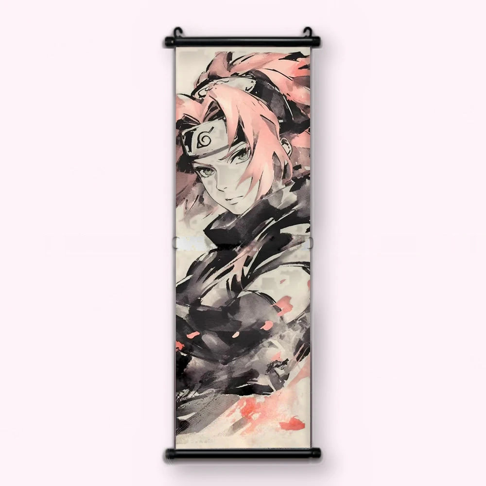 Kakémono Naruto, Sakura le bandeau rouge sur les cheveux, fond crème, vu de face : toile tendue entre ses deux baguettes de bois, cordon de suspension fourni