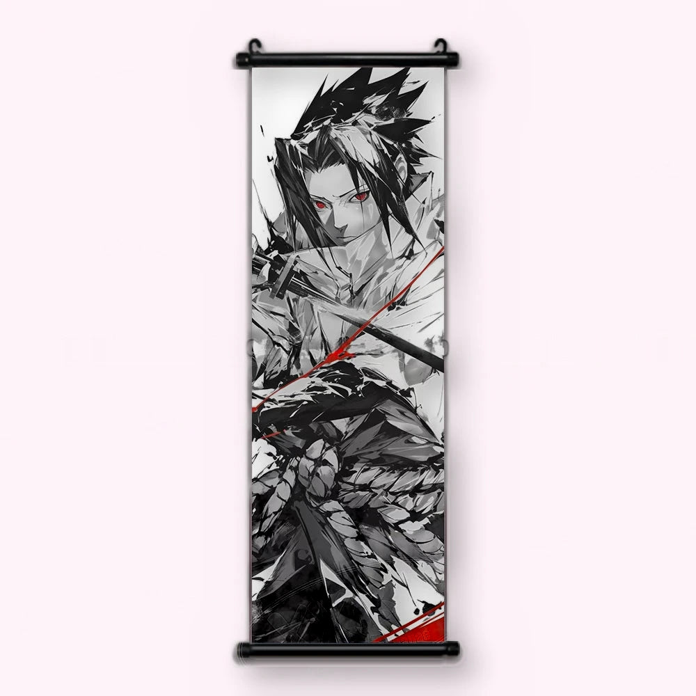 Kakémono Naruto, Sasuke le katana levé, une traînée rouge en diagonale, vu de face : toile tendue entre ses deux baguettes de bois, cordon de suspension fourni