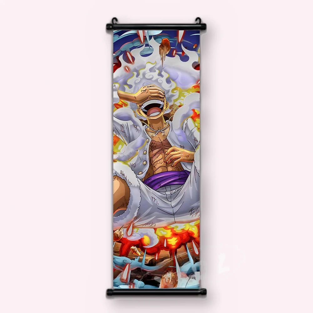 Luffy en blanc, main sur le front, ceinture violette et explosion orangée en bas, kakémono vu de face