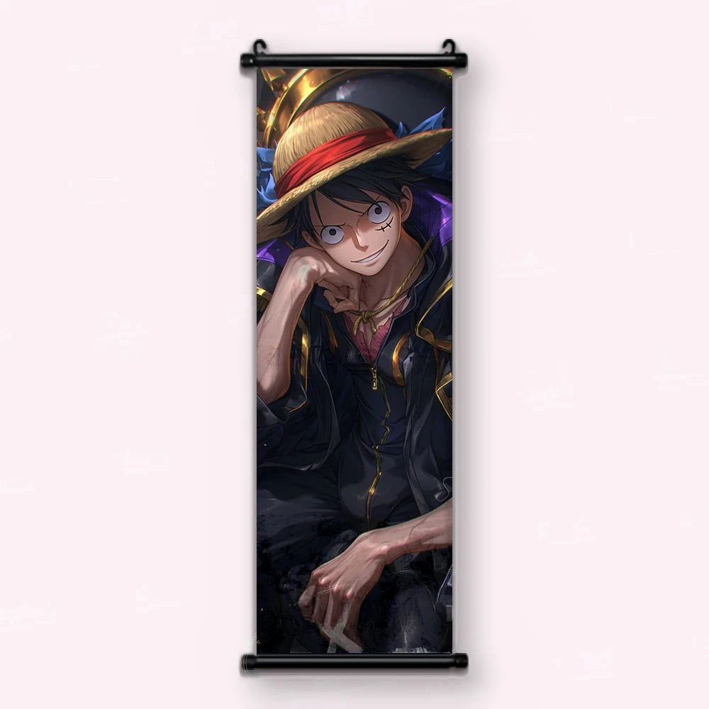 Luffy au chapeau de paille, veste noire à liserés dorés, grand arc doré derrière, kakémono vu de face