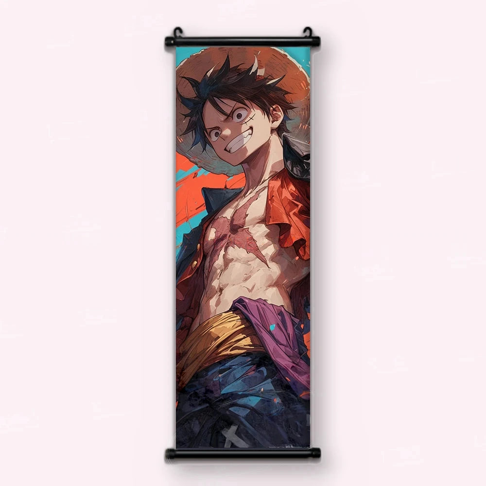 Luffy riant, chapeau de paille sur la tête, chemise rouge ouverte, kakémono vu de face