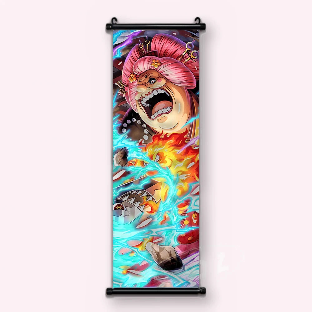 Charlotte Linlin aux cheveux roses, bouche ouverte, flamme à visage, vagues turquoise, kakémono vu de face