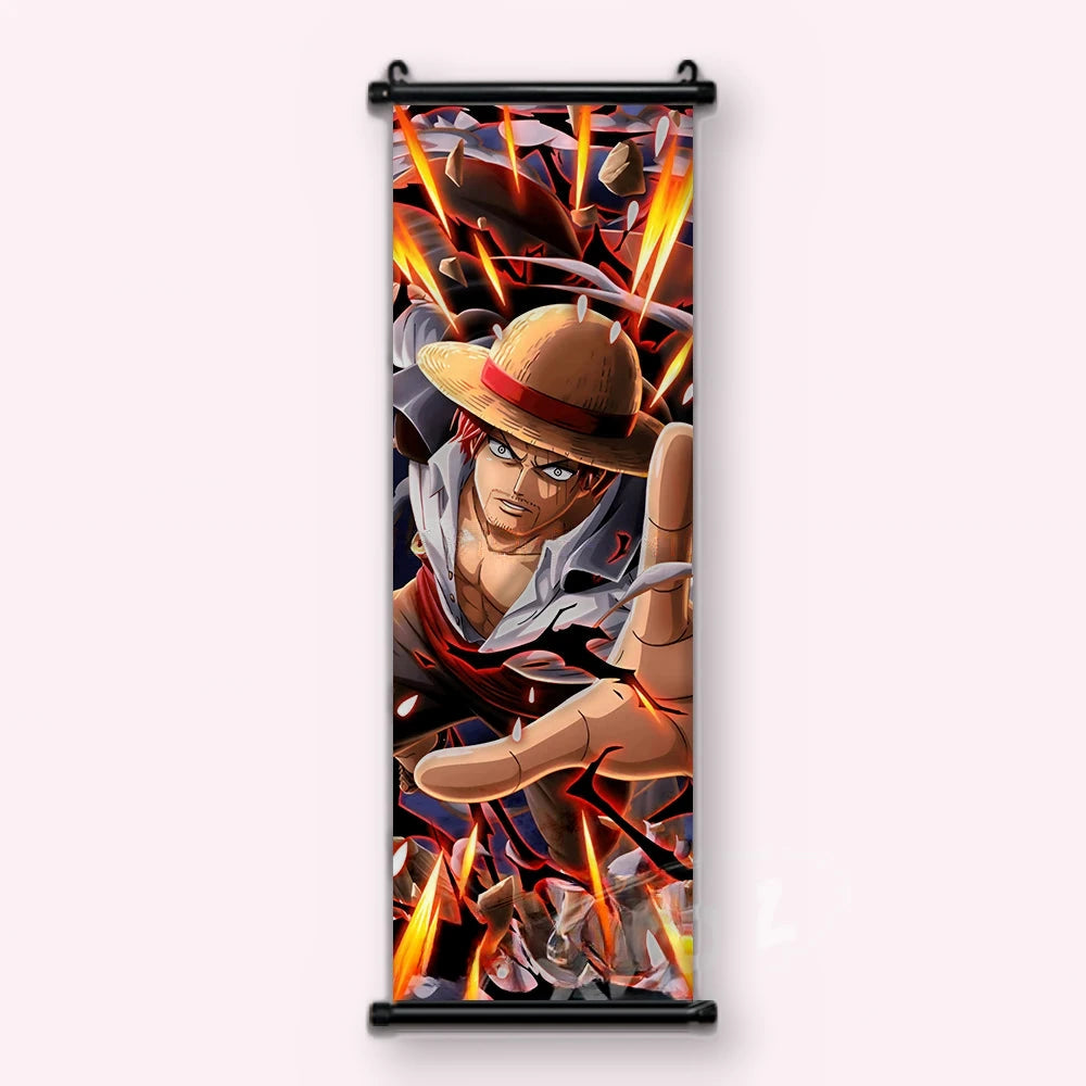 Shanks aux cheveux rouges sous un chapeau de paille, cicatrices à l'œil gauche, kakémono vu de face