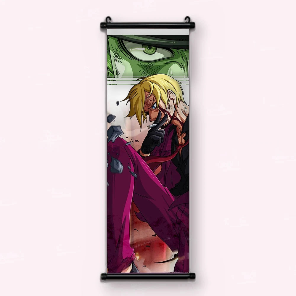 Sanji en costume magenta, cigarette au bec, un œil vert en bandeau, kakémono vu de face