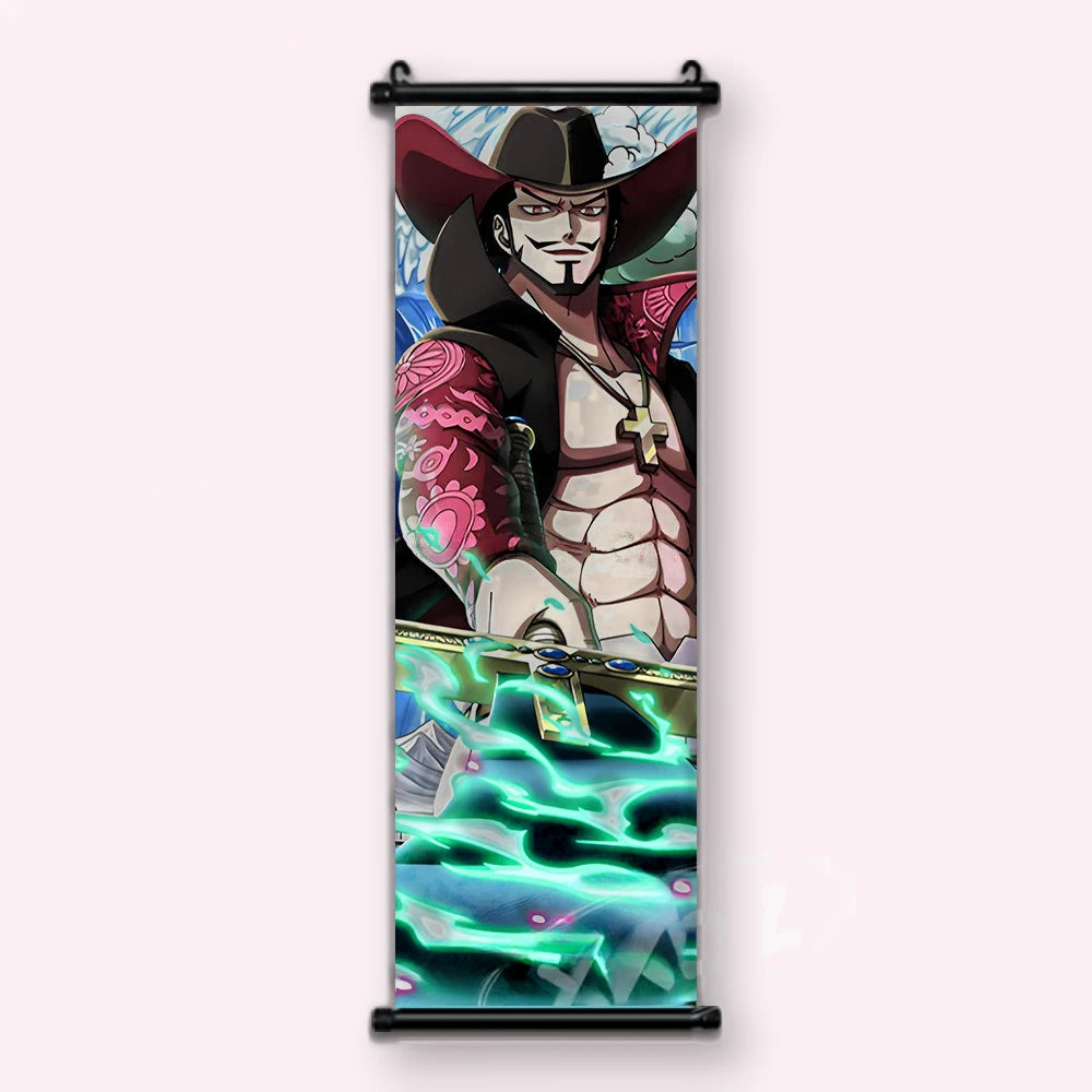 Mihawk au grand chapeau noir, croix dorée, lame horizontale et énergie verte, kakémono vu de face