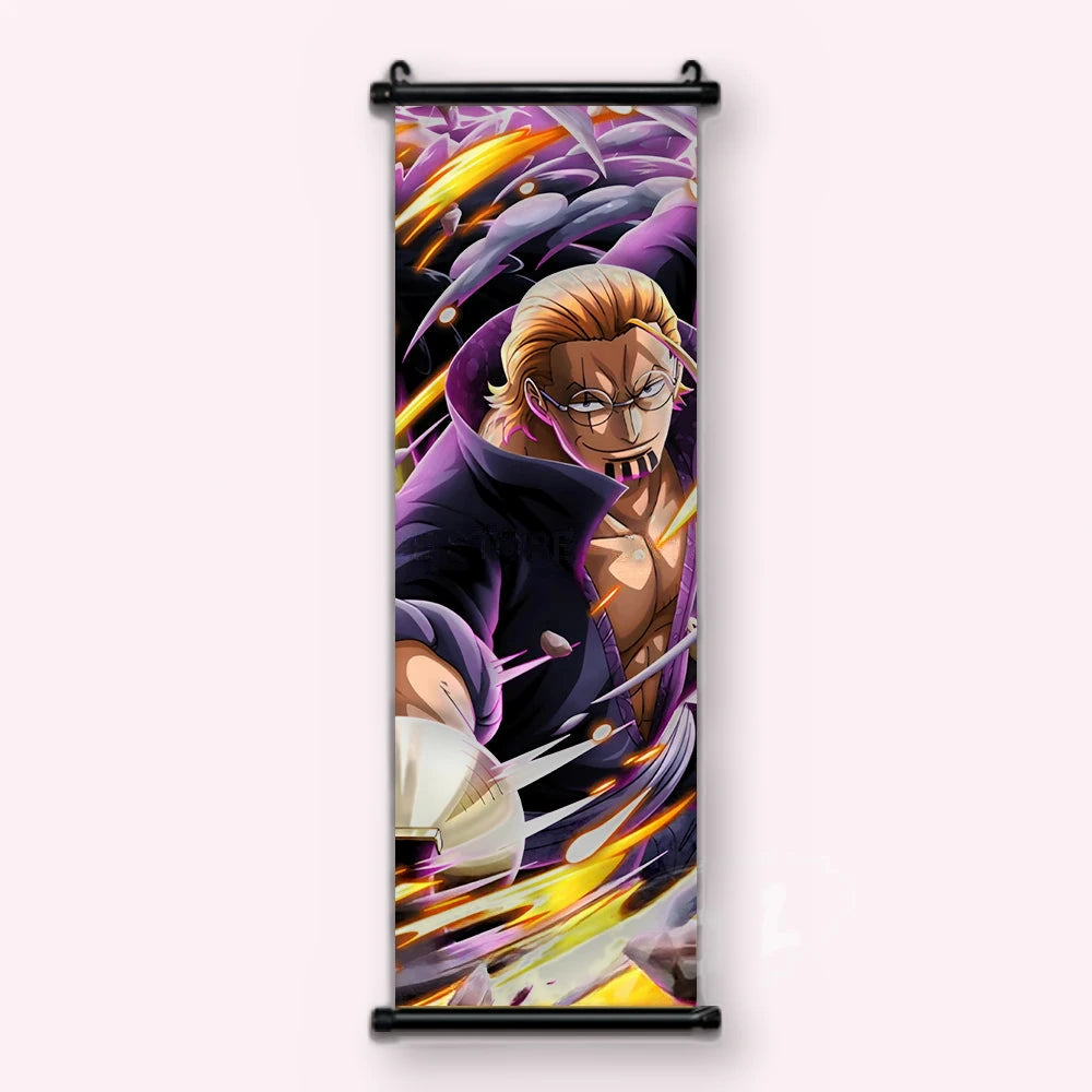 Rayleigh à lunettes rondes, col relevé, traits orangés sur un fond noir, kakémono vu de face