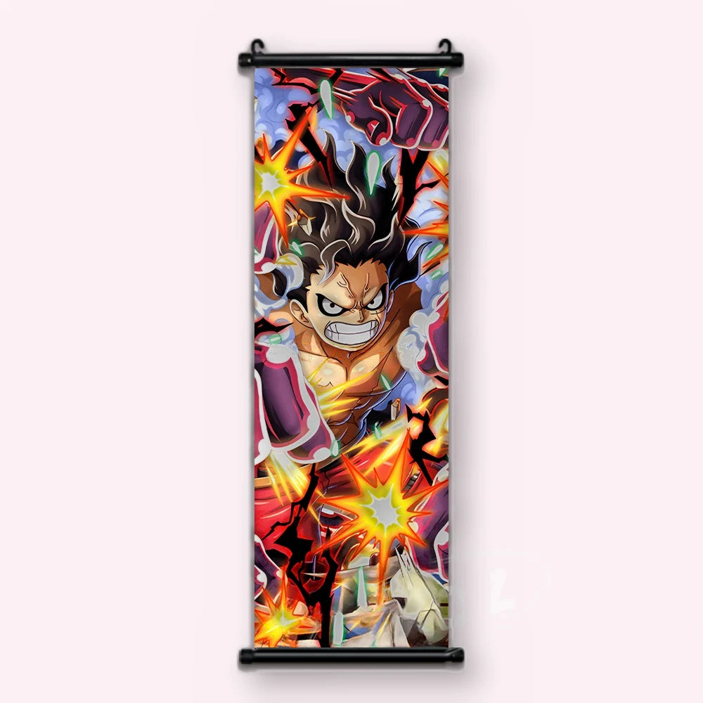 Luffy, poings sombres agrandis, vapeur blanche et éclats jaunes sur rouge, kakémono vu de face