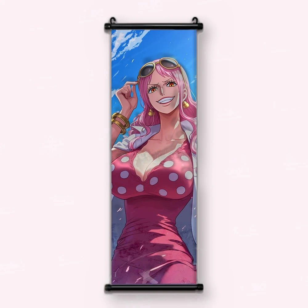 jeune femme en robe framboise à pois blancs, lunettes remontées sur la tête, kakémono vu de face