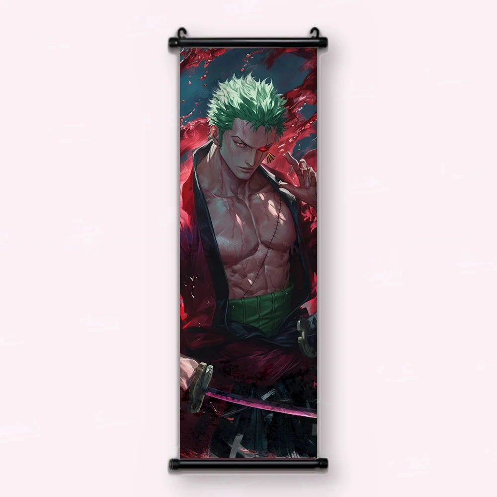 Zoro torse nu, cheveux verts, ceinture verte, katana dégainé lame nue, kakémono vu de face