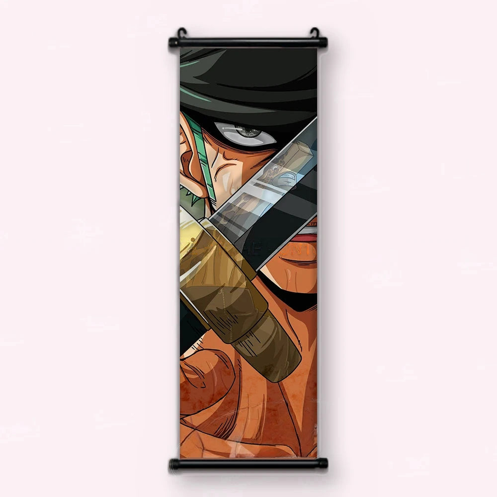 gros plan de Zoro, bandana vert et sabre tenu entre les dents, kakémono vu de face