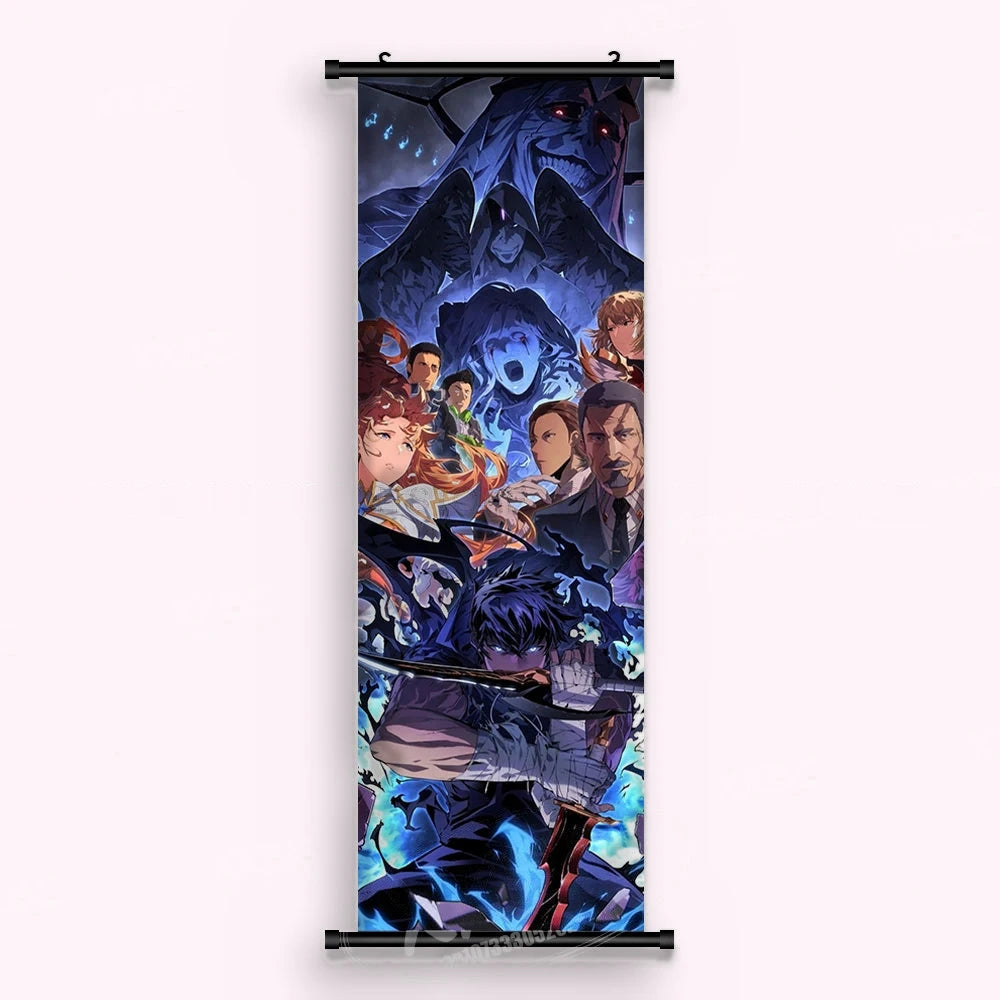 Kakémono Solo Leveling, une affiche de groupe, plusieurs chasseurs et un colosse d'ombre aux yeux rouges, vu de face : toile tendue entre ses deux baguettes de bois, cordon de suspension fourni