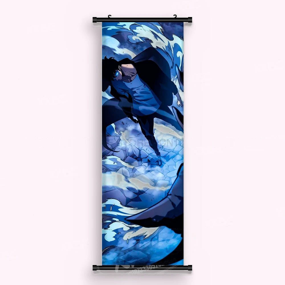 Kakémono Solo Leveling, un chasseur en manteau sombre en plein bond au-dessus d'un champ de glace éclatée, vu de face : toile tendue entre ses deux baguettes de bois, cordon de suspension fourni