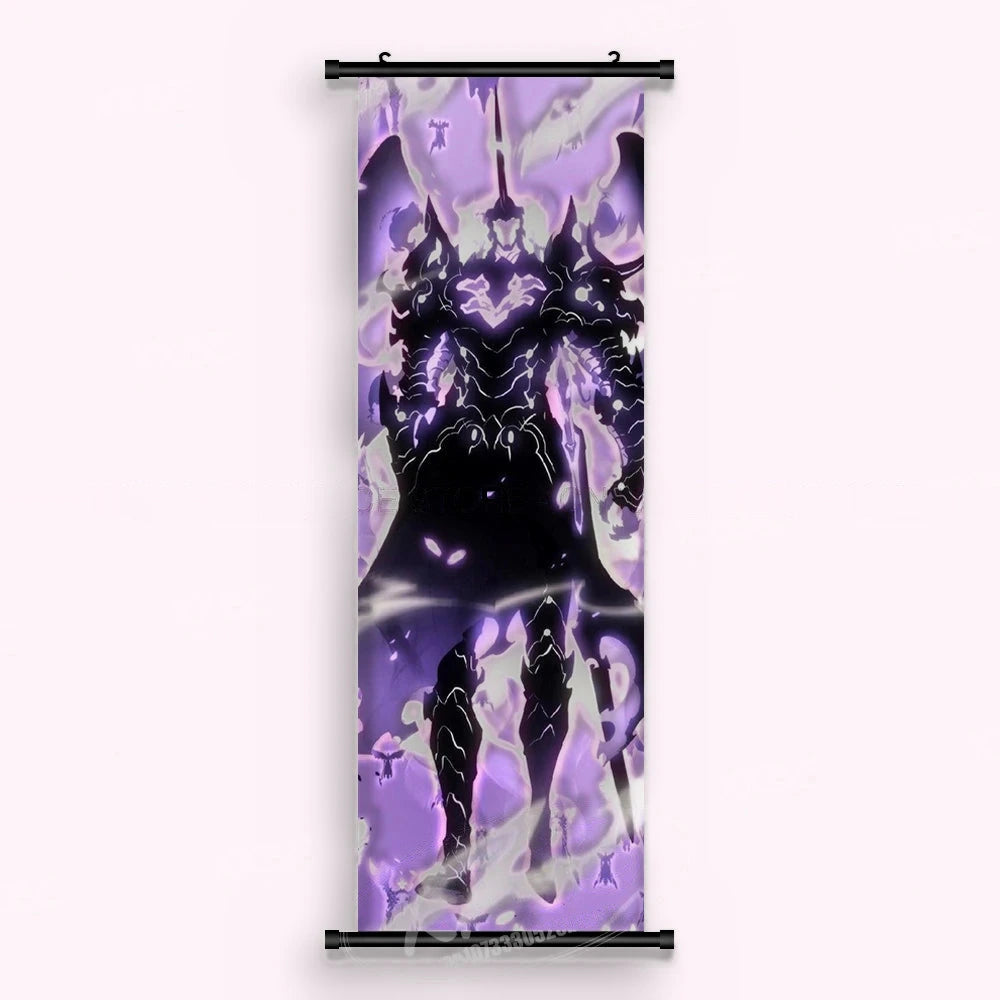 Kakémono Solo Leveling, un chevalier d'ombre qui avance, épée basse, armure veinée de violet, vu de face : toile tendue entre ses deux baguettes de bois, cordon de suspension fourni