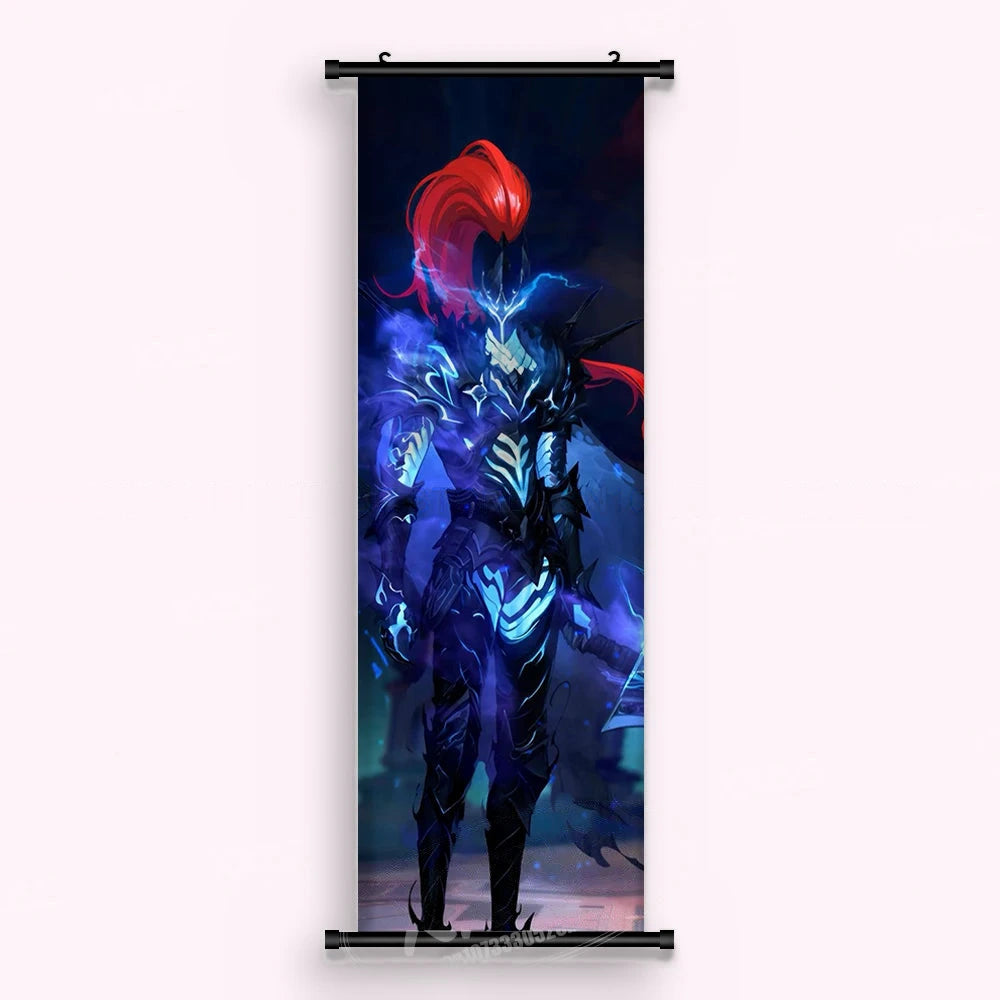 Kakémono Solo Leveling, Igris de face, plumet et cape rouges, armure bleu nuit gravée de lignes lumineuses, vu de face : toile tendue entre ses deux baguettes de bois, cordon de suspension fourni