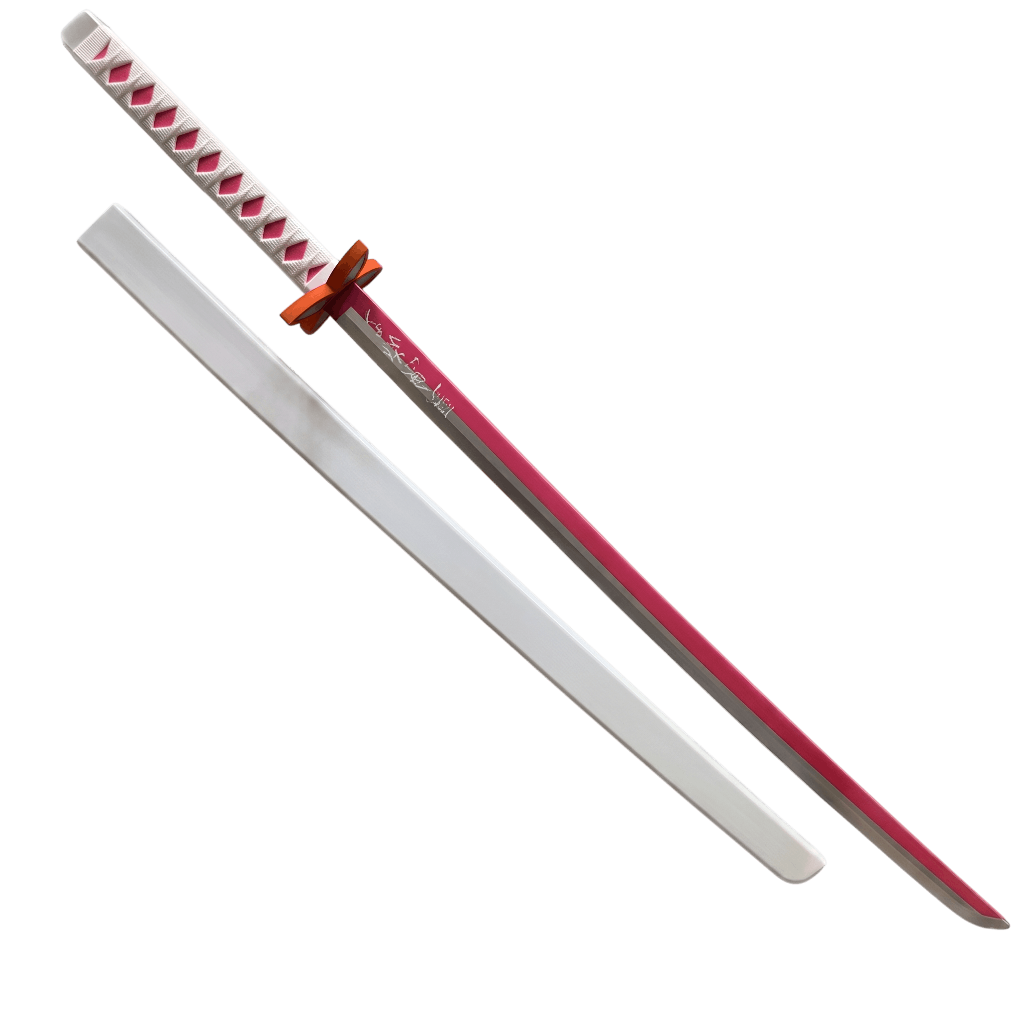 Katana de Kanae Kocho détouré sur fond blanc, lame rose et blanche et garde orange